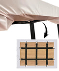 Hidden Tablecloth Clips Set That Stays Put For Outdoor Tablecloths With Adjustable Nylon Straps And Metal Clip Ends shown in use