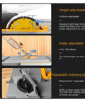 Heavy Duty 8 Inch Sliding Table Saw With 80 Tooth Blade And 1500 Watt Motor showing adjustable settings and cutting capabilities.