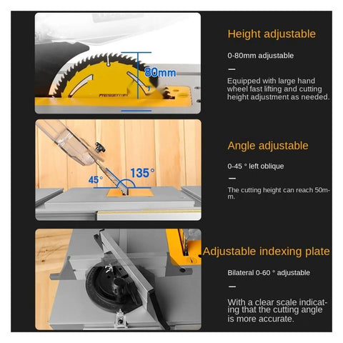 Mighty 8 Inch Dust Free Table Saw With 80 Tooth Blade 1500W Motor showing adjustable height and angle features for precise cuts.