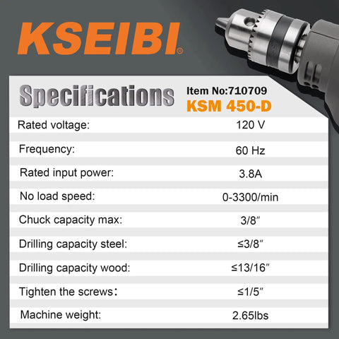 Specifications sheet for Corded Drill With 3.8 Amp Motor, Variable Speed From 0 to 3300 RPM, showing chuck and drill details.