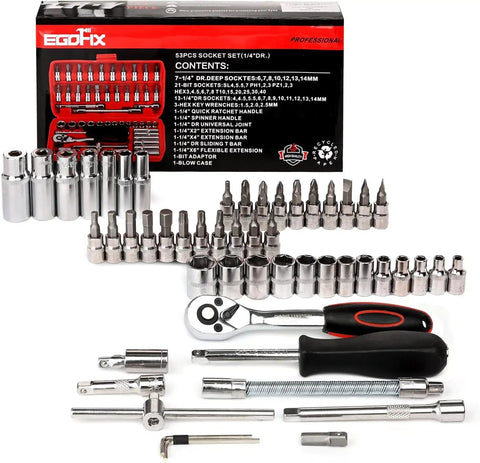 Beefy 47 Piece General Home And Auto Repair Tool Kit Set With Drawer Storage Case, sockets and wrenches displayed.