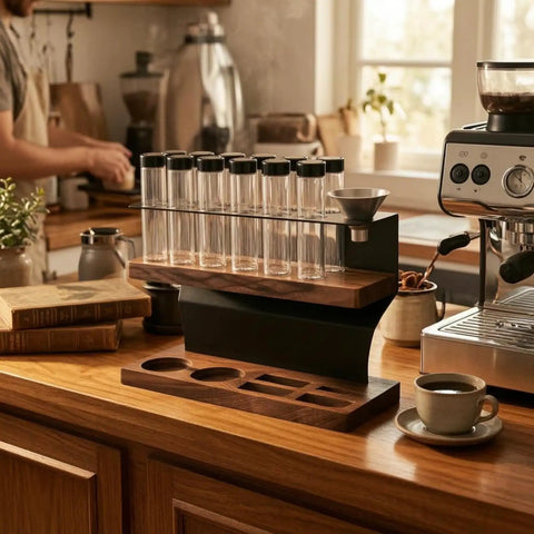 Heavy Hitter Coffee Bean Storage Rack With Twelve Clear Glass Bottles And Solid Wood Base with coffee and espresso machine.