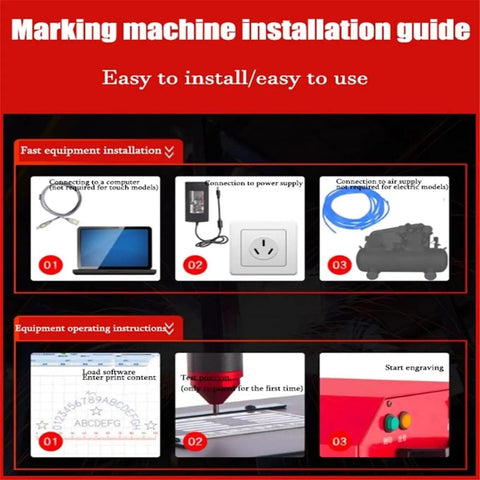 Installation guide for Heavy Duty Pneumatic Dot Peen Marking Machine for Metal Engraving showing connection steps.