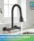 HURRAN Wall Mount Kitchen Faucet with Pull Down Sprayer, Matte Black Kitchen Sink Faucet, 8 Inch, showing double-handle design.