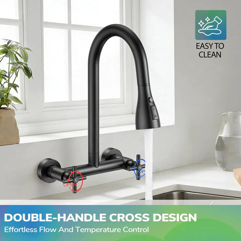 HURRAN Wall Mount Kitchen Faucet with Pull Down Sprayer, Matte Black Kitchen Sink Faucet, 8 Inch, showing double-handle design.