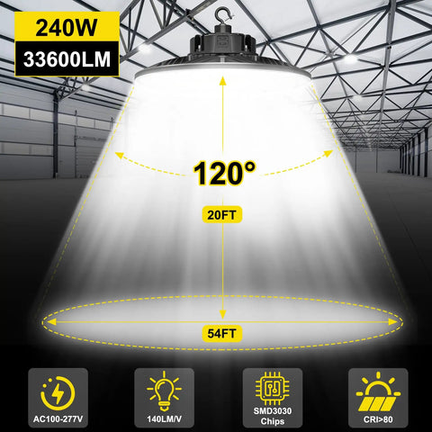 UFO LED High Bay Light 240W 190W 140W Adjustable Workhorse 33600LM Tunable 3000K 5000K 0-10V Dimmable IP65 Bay Fixture For Warehouse Factory Garage Gym UL Listed
