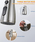 Top Shelf Kitchen Faucet With Pull Down Sprayer In Brushed Nickel Lead Free Stainless Steel Build rated for heavy duty use showing three water modes.
