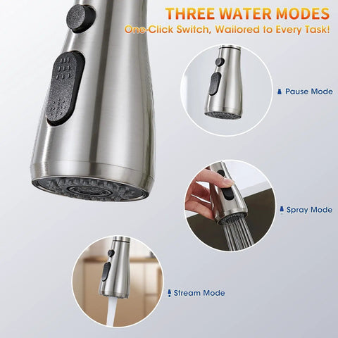 Top Shelf Kitchen Faucet With Pull Down Sprayer In Brushed Nickel Lead Free Stainless Steel Build rated for heavy duty use showing three water modes.