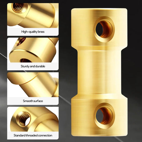 Close-up of Brass Shaft Couplers Set Of 10 2mm To 2mm Motor Shaft Couplings with smooth surface and set screws