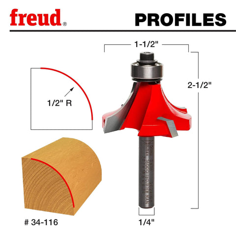 Freud Quadra Cut One Half Inch Radius Rounding Over Router Bit For Pro Woodworking With Four Flutes, dimensions diagram