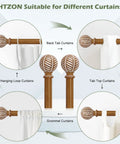 Wood Boho Curtain Rods For Windows With Heavy Duty Adjustable Rustic Finish Farmhouse Style Drapery Rods For Bedroom And Living Room Easy Install Imitation Wood Grain Finials Brown 36 To 88 Inches displaying various curtain hanging options.