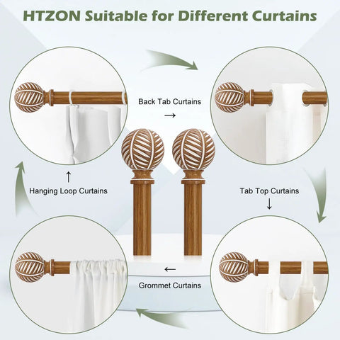 Wood Boho Curtain Rods For Windows With Heavy Duty Adjustable Rustic Finish Farmhouse Style Drapery Rods For Bedroom And Living Room Easy Install Imitation Wood Grain Finials Brown 36 To 88 Inches displaying various curtain hanging options.