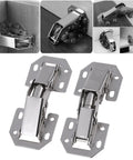 Hella Simple Install No Drill Furniture Hinges 10 Piece Set for Kitchen Cabinet Doors close-up view of metal hinges.