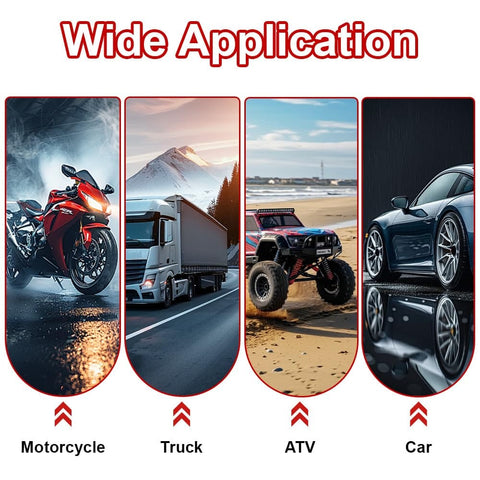 Image showing applications of the 84 Piece Tire Repair Kit With Screw In Plugs For Punctures And Holes on motorcycle, truck, ATV, and car.
