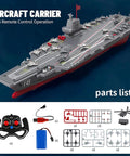 Image of a 40cm RC Warship Boat For Newbies With 4WD Dual Motors And 2.4GHz Control, shown with parts and remote control.