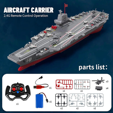 Image of a 40cm RC Warship Boat For Newbies With 4WD Dual Motors And 2.4GHz Control, shown with parts and remote control.