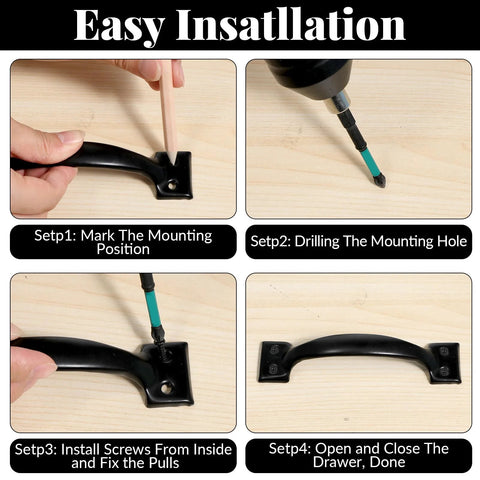 Easy installation steps for Two 5.5 Inch Black Door Pulls With Mounting Screws for sliding doors, cabinets, and drawers in a matte finish.
