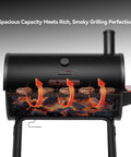 30 Barrel Charcoal Grill With Wood Painted Side Front Table And 627 Sq In Cooking Space For Backyard BBQs, Black