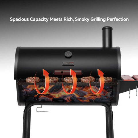 30 Barrel Charcoal Grill With Wood Painted Side Front Table And 627 Sq In Cooking Space For Backyard BBQs, Black