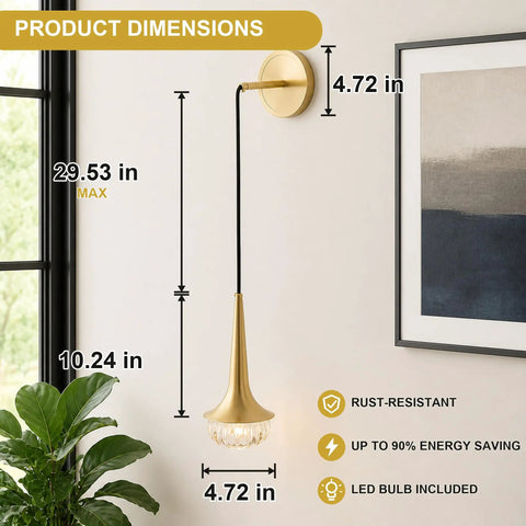 XYDikssn Gold Wall Sconce product dimensions showing 29.53 in height, 10.24 in length, and 4.72 in width.