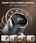 Fieldoria Upgrade 4-Speed Electric Box Cutter with smart LED display showing battery life and adjustable speed settings.