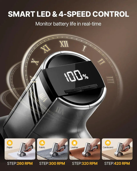 Fieldoria Upgrade 4-Speed Electric Box Cutter with smart LED display showing battery life and adjustable speed settings.