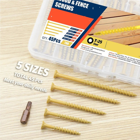Two Pack Torx Star Drive Flat Head Wood Screws Carbon Steel M3x20mm Kit For Quick Easy Wood Assemblies With Heavy Duty Concealed Joints Self Tapping Design Ideal For DIY Projects And Furniture, 45-piece tan T25 wood screws set