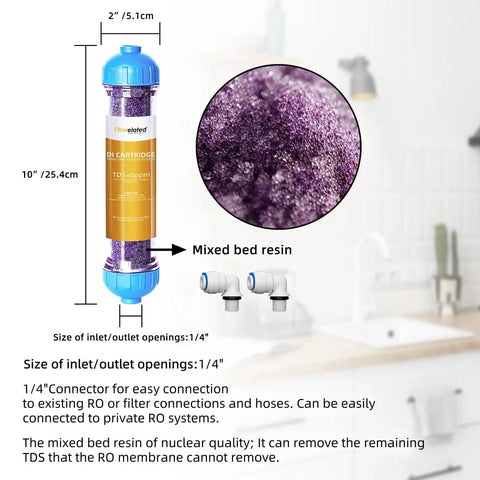 Color Changing DI Resin Cartridge For Reverse Osmosis System, 10 inch, showcasing mixed bed resin and connector details.