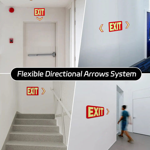 Glow In The Dark Emergency Exit Signs 2 Pack Photoluminescent Vinyl For 50 Feet Visibility No Wiring Needed Flexible Arrows System For Easy Setup Lets You Show Clear Safe Path In Any Hallway Or Stairwell, exit signs on hallway and stairwell walls