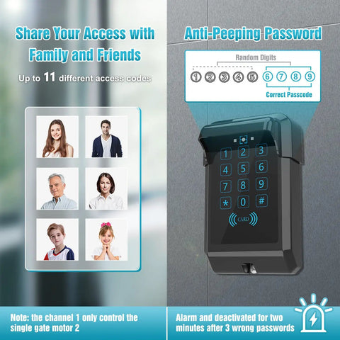 Built Like A Tank Wireless Touch Panel Gate Keypad With Outdoor Cover And Digital Code Entry Access Control For Automatic Swing Gate Openers showing access codes.