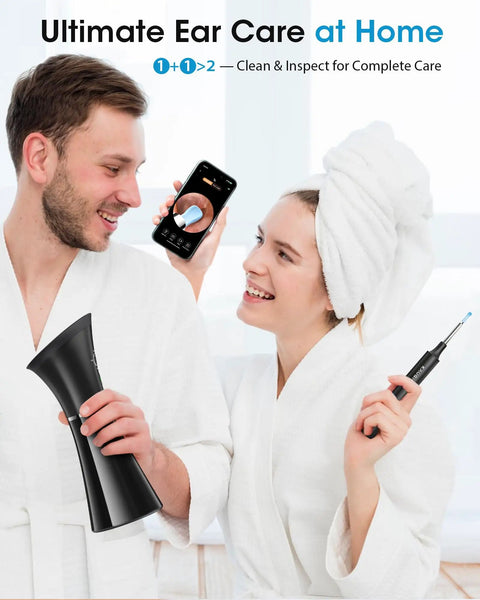 Couple using Easy At Home Ear Wax Removal Kit With Camera For Safe Gentle Ear Cleaning Visual Inspection Ear Camera And Gentle Irrigation System