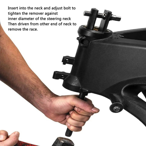 Beefy Universal Steering Neck Bearing Race Puller For 1-1/8 Inch To 2-5/8 Inch ID Races in use on motorcycle part