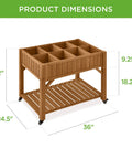 Elevated Eight Pocket Garden Bed With Locking Wheels Mobile Raised Planter dimensions, Acorn Brown, 32" tall, 36" wide