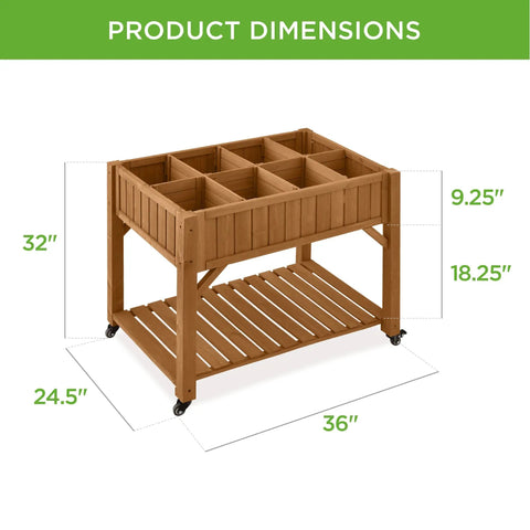 Elevated Eight Pocket Garden Bed With Locking Wheels Mobile Raised Planter dimensions, Acorn Brown, 32" tall, 36" wide