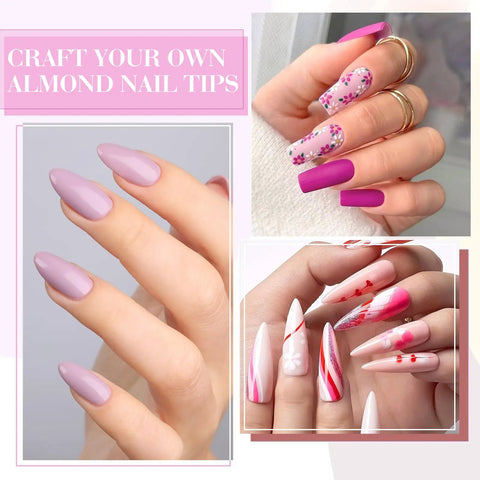 Hema Free Gel Nail Polish Set 9ml Six Pack Light Pink Soak Off LED Gel Polish Kit with various nail designs.