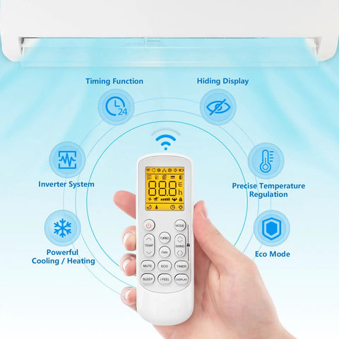 Remote control for 12000 BTU Mini Split Air Conditioner With Inverter 19 Seer Ductless Heat Pump features temperature settings and mode options.