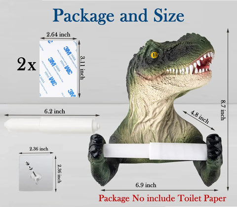 Dino Themed Toilet Paper Holder Adhesive Wall Mount with dimensions. Funny Kid Friendly Bathroom Decor, easy install roll holder.