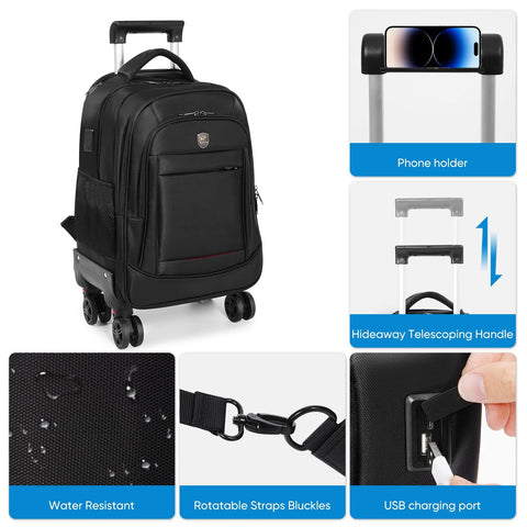 Front view of black rolling backpack with telescoping handle, 4 wheels, USB charging port; water-resistant carry-on for 15.6in laptop.