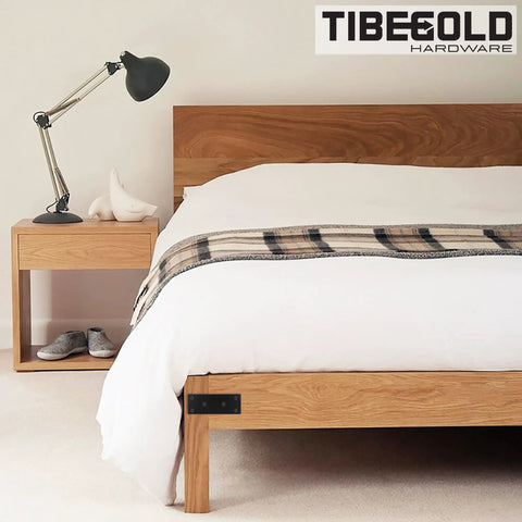 Heavy Duty Bulletproof Black Mending Plates For Wood Furniture And Fence Fixes, double wide steel brace visible on bed frame.