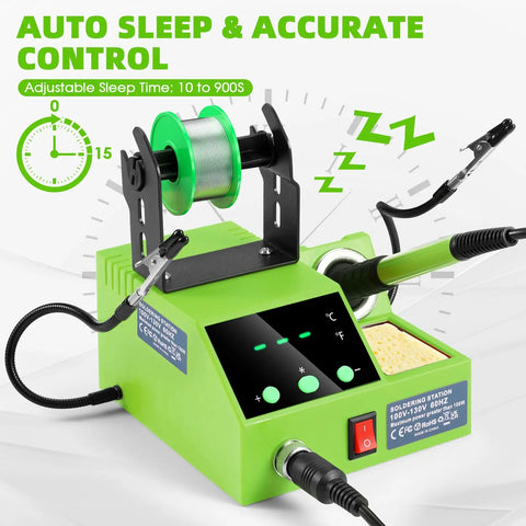 100W Digital Soldering Station Kit With 2 Helping Hands, Fast Heat, Big LED Display, Temperature Range 180 Celsius To 480 Celsius, Celsius Fahrenheit Conversion, Auto Sleep, Includes Solder Wire And Tools, Green