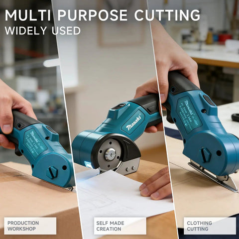 Heavy Duty Cordless Electric Scissors And Cardboard Cutter With Safety Lock Rechargeable Battery Led Light For Leather Carpet Plastic Cutting Tool Fast Easy Trim Power Rotary Blade Replacement in use cutting cardboard.