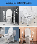 Collage of Toilet Safety Rails With Adjustable Handles And Grab Bars For Elderly And Handicap, 300 Lbs Capacity, Fits Most Standard Toilets.