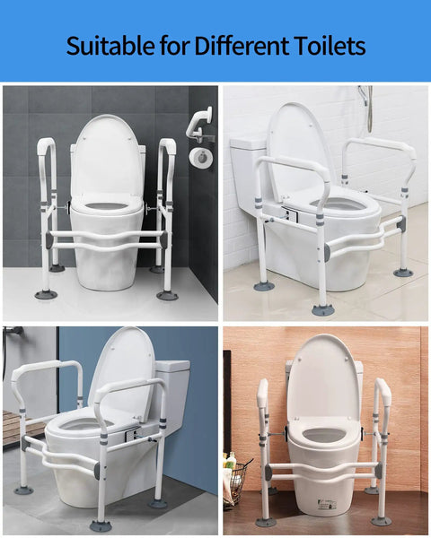 Collage of Toilet Safety Rails With Adjustable Handles And Grab Bars For Elderly And Handicap, 300 Lbs Capacity, Fits Most Standard Toilets.