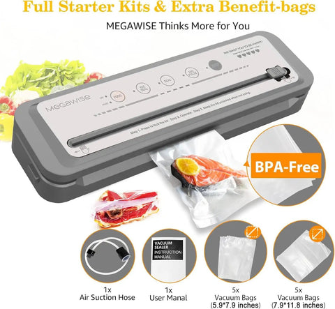 Powerful Vacuum Sealer Machine With 80kPa Suction, One Touch Operation, Built In Cutter, Compact Design, Starter Bags Included
