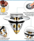 Premium Bathroom Sink Pop Up Plug Drain Filter For 1.2 To 1.42 Inch Basins Stainless Steel Hair Catcher Basket with brass body shown