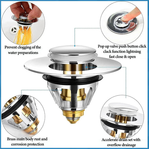 Premium Bathroom Sink Pop Up Plug Drain Filter For 1.2 To 1.42 Inch Basins Stainless Steel Hair Catcher Basket with brass body shown