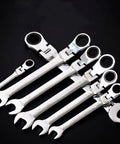 7 Piece Ratchet Spanner Set Open End And Ring Wrenches 8mm To 13mm Flexible Quick Wrench For Tight Spaces And Auto Repair Durable Rust Resistant Finish Hand Tool displayed on black surface