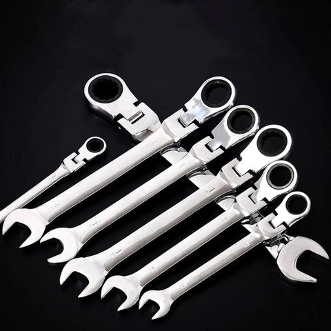 7 Piece Ratchet Spanner Set Open End And Ring Wrenches 8mm To 13mm Flexible Quick Wrench For Tight Spaces And Auto Repair Durable Rust Resistant Finish Hand Tool displayed on black surface