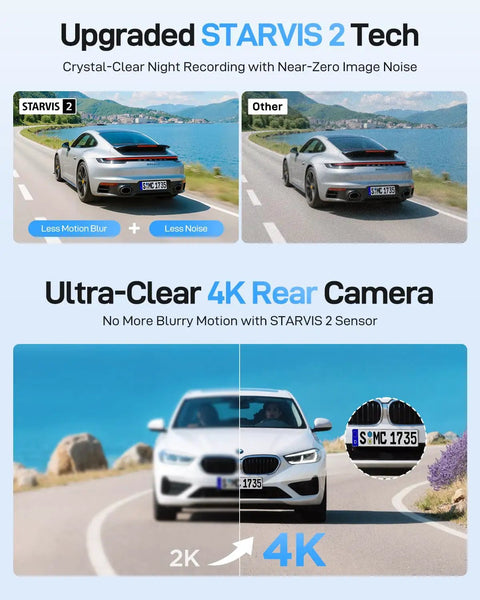 Comparison of dash cam footage with STARVIS 2 sensors showing clear 4K rear camera images, highlighting A229 Ultra Dual 4K Dash Cam.