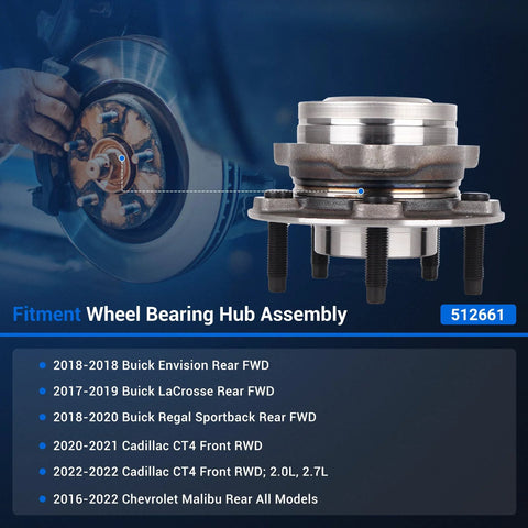 Wheel Bearing Hub Assembly 512661 5 Lug With ABS For Chevy Malibu 2016-2022 Buick LaCrosse 2017-2019 Envision 2018 Regal Sportback 2018-2020 Cadillac CT4 2020-2022 Front Or Rear Fit 146mm Flange